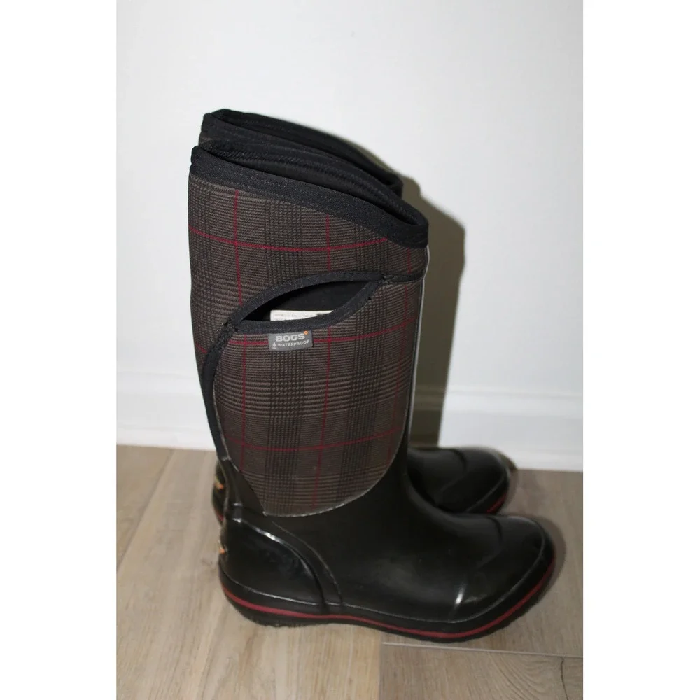 Bogs Prince of Wales Plaid Waterproof Rain Boots Black Grey Red Wellies Womens 8